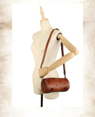 Vintage Brown Leather Womens Barrel Shoulder Bag - Chain Detail