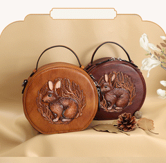 Cutest Womens Coffee Leather Round Handbag Bunny - Wallet Flat Lay