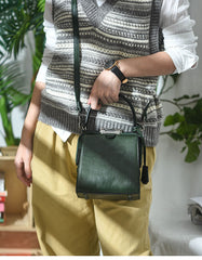 Womens Green Leather Doctor Handbag Purses Square Doctor Crossbody Purse for Women