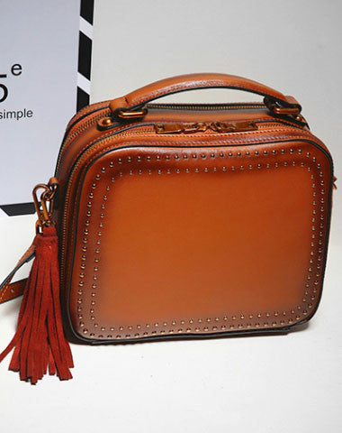 Genuine Leather handbag rivet bag tassels shoulder bag for women leather bag - EverHandmade
