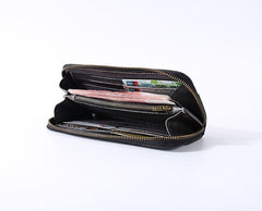 Handmade Black Leather Mens Long Leather Green Wallet Zipper Yellow Clutch Wallet for Men