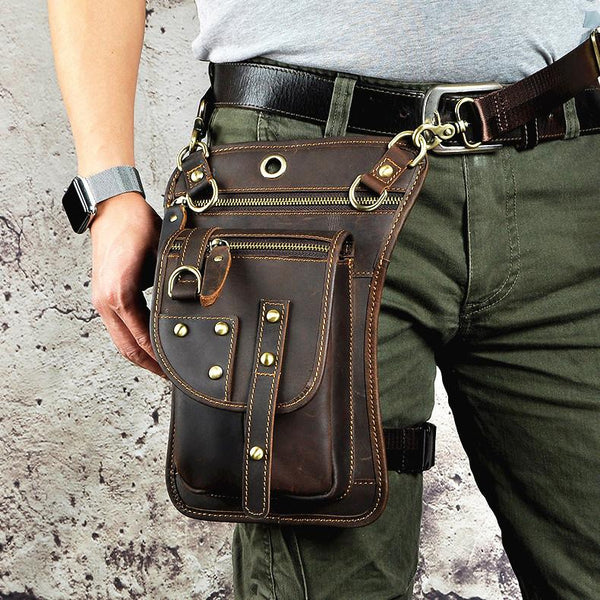 Cool Leather Brown Men's Biker Drop Leg Bag Belt Pouch Black Waist Bag Side Bag FY01391023