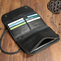 Cool Leather Mens Black Long Chain Wallet Brown Long Trifold Biker Wallet for Men