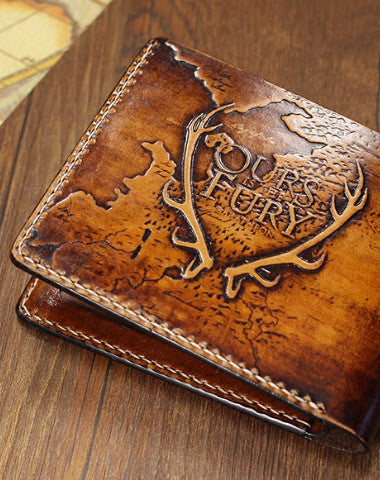 Handmade Game-of-Thrones carved leather custom billfold wallet for men gamers - EverHandmade