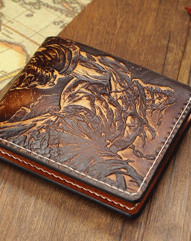 Handmade League of Legends LOL Tryndamere carved leather custom billfold wallet for men gamers - EverHandmade