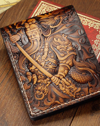 Handmade the-Three-Kingdoms_Guan-Yu carved leather custom billfold wallet for men gamers