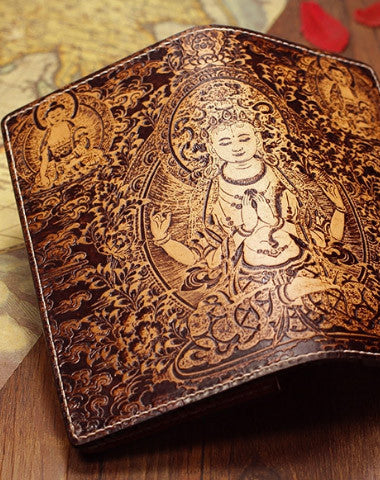 Handmade leather wallet Four-hands-Guanyin carved leather custom long wallet for men - EverHandmade