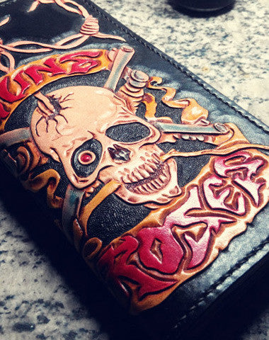 Handmade Long leather wallet men guns & roses skull black tooled carved long wallet for him