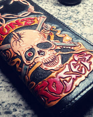 Handmade Long leather wallet men guns & roses skull black tooled carved long wallet for him - EverHandmade