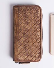 Handmade braided long wallet leather men phone zip clutch vintage wallet for men