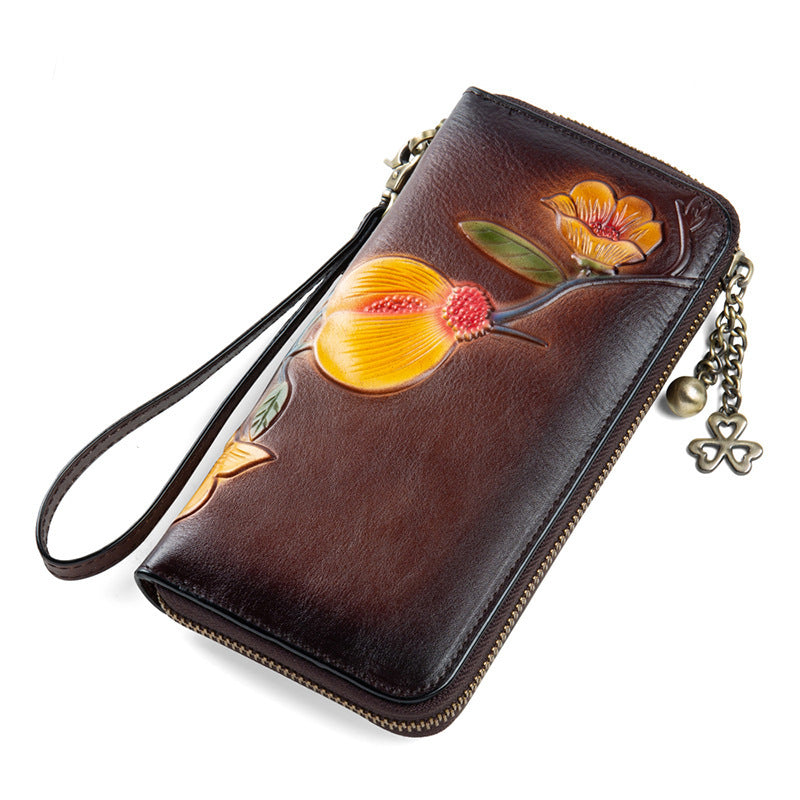 Plum Blossom Flower Coffee Leather Wristlet Wallet Womens Zip Around Wallets Flower Ladies Zipper Clutch Wallets for Women