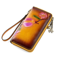 Plum Blossom Flower Coffee Leather Wristlet Wallet Womens Zip Around Wallets Flower Ladies Zipper Clutch Wallets for Women