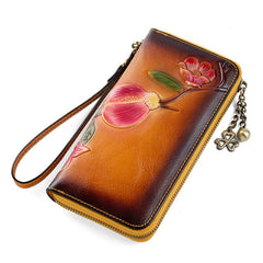 Plum Blossom Flower Coffee Leather Wristlet Wallet Womens Zip Around Wallets Flower Ladies Zipper Clutch Wallets for Women