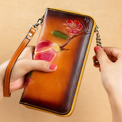 Plum Blossom Flower Coffee Leather Wristlet Wallet Womens Zip Around Wallets Flower Ladies Zipper Clutch Wallets for Women
