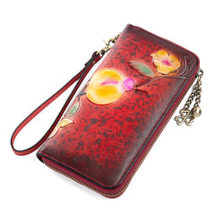 Plum Blossom Flower Coffee Leather Wristlet Wallet Womens Zip Around Wallets Flower Ladies Zipper Clutch Wallets for Women