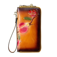 Plum Blossom Flower Coffee Leather Wristlet Wallet Womens Zip Around Wallets Flower Ladies Zipper Clutch Wallets for Women