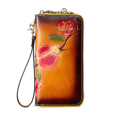 Plum Blossom Flower Tan Leather Wristlet Wallet Womens Zip Around Wallets Flower Ladies Zipper Clutch Wallets for Women