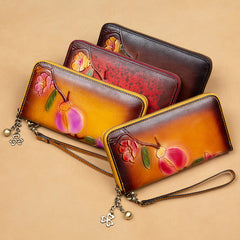 Plum Blossom Flower Coffee Leather Wristlet Wallet Womens Zip Around Wallets Flower Ladies Zipper Clutch Wallets for Women