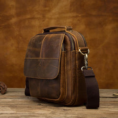Vintage Brown Leather Mens Small Vertical Side Bags Shoulder Bags Messenger Bag For Men