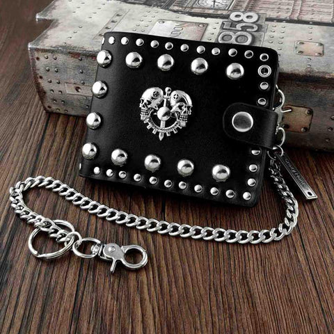 Punk Black Leather Men's Small Biker Wallet Chain Wallet Skull billfold Wallet with Chain For Men