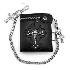 Punk Black Leather Men's Small Biker Wallet Chain Wallet Skull Cross billfold Wallet with Chain For Men