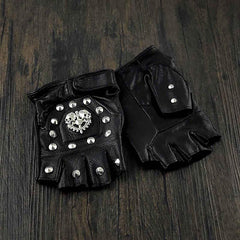 Mens Punk Skull Black Cool Leather Half-Finger Rock Gloves Motorcycle Gloves Black Biker Gloves For Men