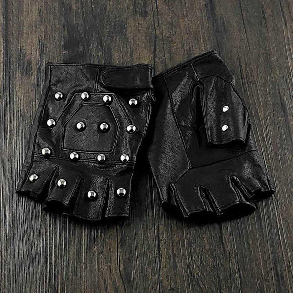 Cool Mens Punk Black Leather Half-Finger Rock Gloves Motorcycle Gloves Black Bik WG00952035
