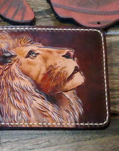 Handmade billfold leather wallet men lion carved leather billfold wallet for men him