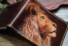 Handmade billfold leather wallet men lion carved leather billfold wallet for men him