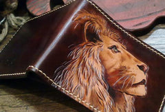 Handmade billfold leather wallet men lion carved leather billfold wallet for men him