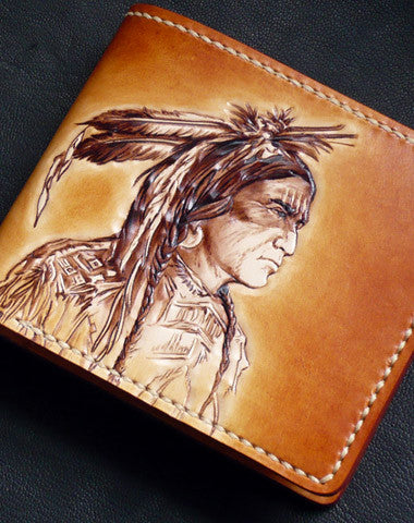Handmade billfold leather wallet men indian Chief carved leather billfold wallet for men him