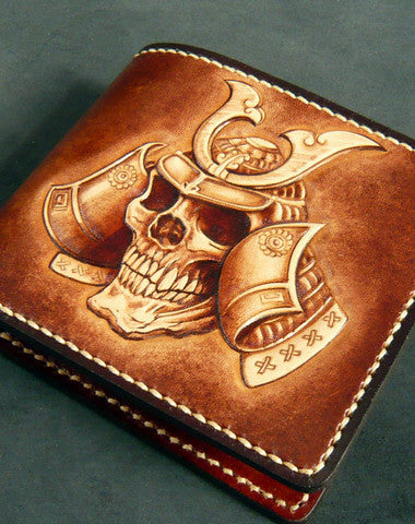 Handmade leather wallet men Japanese general Skull carved leather billfold wallet for him - EverHandmade