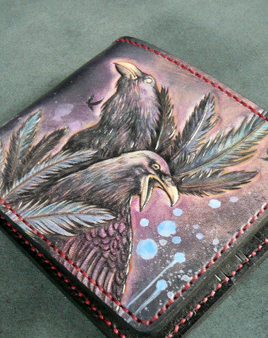 Handmade billfold leather wallet men Crow carved leather billfold wallet for men him