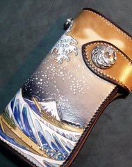 Handmade leather biker trucker wallet leather chain men Kanagawa wave Carved Tooled wallet - EverHandmade