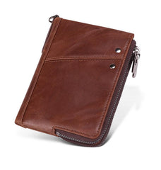 RFID Cool Brown Leather Men's Bifold Small Wallet Zipper billfold Wallet For Men