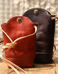 Vintage Womens Coffee Leather Shoulder Bucket Bag - Card Holder Detail