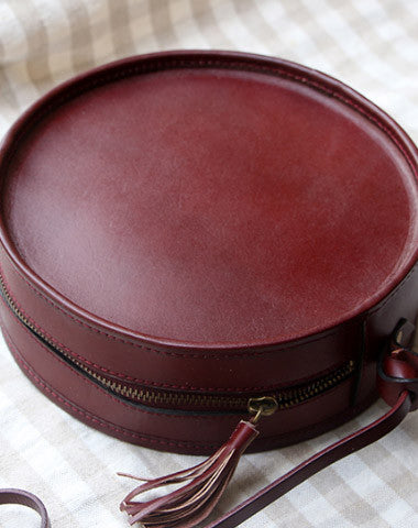 Handmade Black Leather Circle bag for women leather shoulder bag crossbody bag