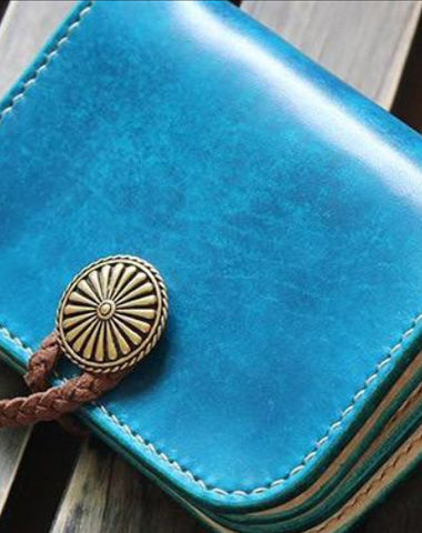 Handmade custom vintage purse leather wallet billfold small wallet blue women