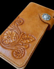 Handcraft vintage handmade carved floral leather long wallet for women ladys - EverHandmade