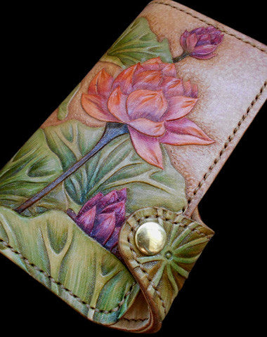 Handcraft vintage hand painting lotus flower leather ID card wallet for women - EverHandmade