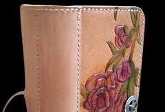 Handcraft vintage hand painting peach blossom leather long wallet for women - EverHandmade