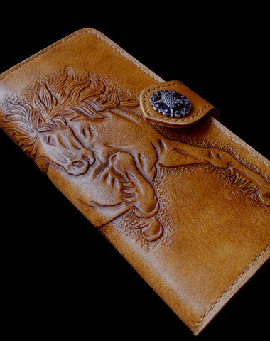 Handmade biker wallet leather bifold vintage galloping horse leather long wallet for men