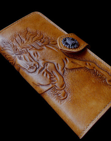 Handmade biker wallet leather bifold vintage galloping horse leather long wallet for men - EverHandmade