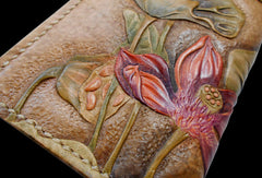 Handcraft vintage hand painting lotus flower leather long wallet for women - EverHandmade