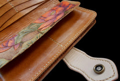 Handcraft vintage hand painting lotus flower leather long wallet for women - EverHandmade