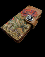 Handcraft vintage hand painting lotus flower leather long wallet for women - EverHandmade