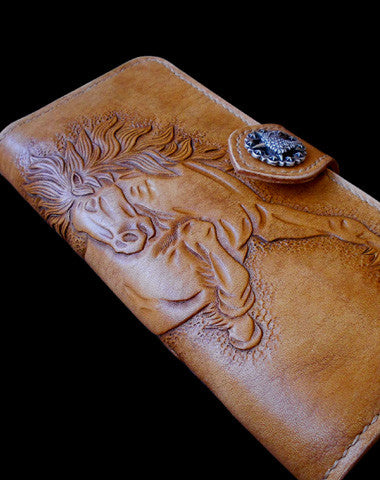 Handcraft vintage hand painting galloping horse leather long wallet for men(trifold)