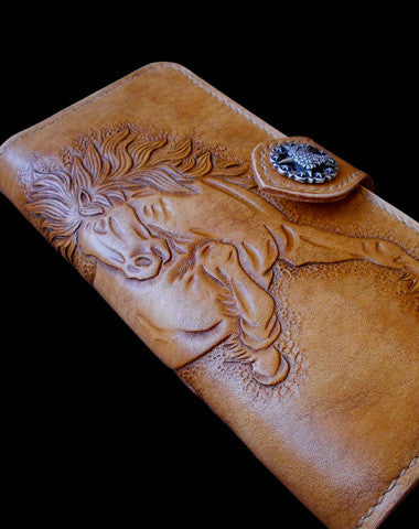 Handcraft vintage hand painting galloping horse leather long wallet for men(trifold) - EverHandmade