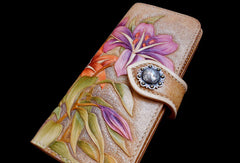 Handcraft vintage hand painting carved lily flower leather long wallet for women