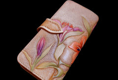 Handcraft vintage hand painting carved lily flower leather long wallet for women - EverHandmade